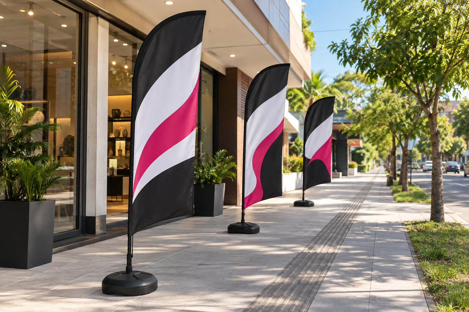 Wind banners instalados em uma calçada comercial
